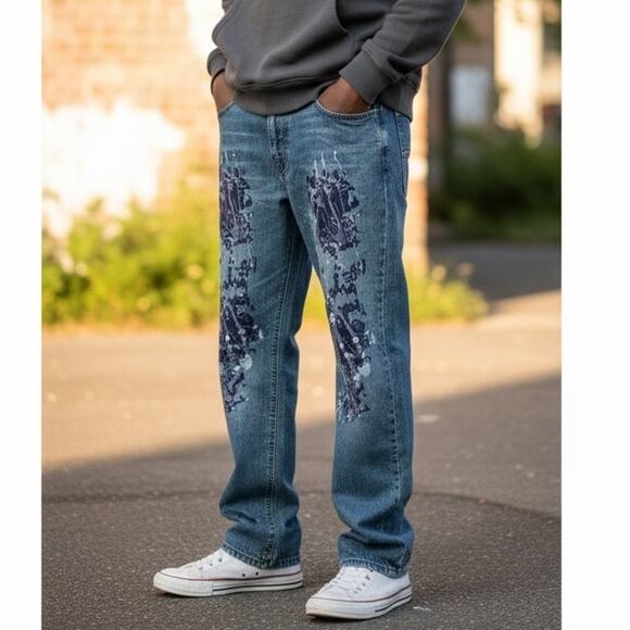 Akademiks Paint Splatter Jeans Mens Size 32 Relaxed Fit Medium Wash Casual - Picture 5 of 13